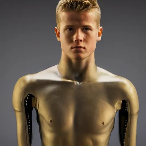 Image similar to a realistic detailed photo of a guy who is an attractive humanoid who is half robot and half humanoid, who is a male android, football player christian mccaffrey, shiny skin, posing like a statue, blank stare, at the museum, on display