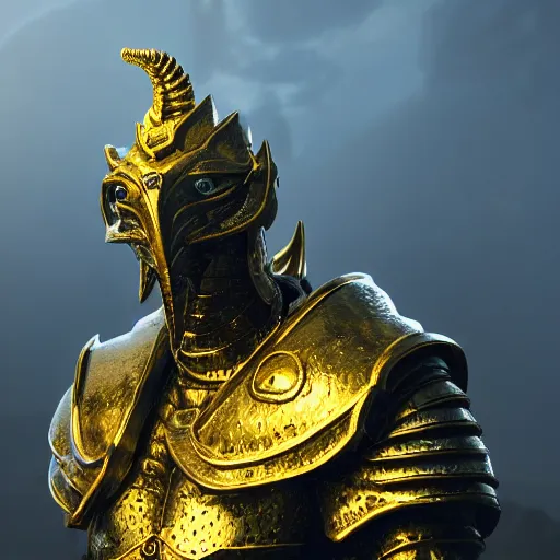 Image similar to 8k unreal engine render of a dragonborn paladin with golden scales from dungeons and dragons, fierce, symmetrical face, holy sword in his hands, gleaming armor, ancient persian city, insanely detailed, depth of field unreal engine ultra-wide angle lens, volumetric lighting, vivid color