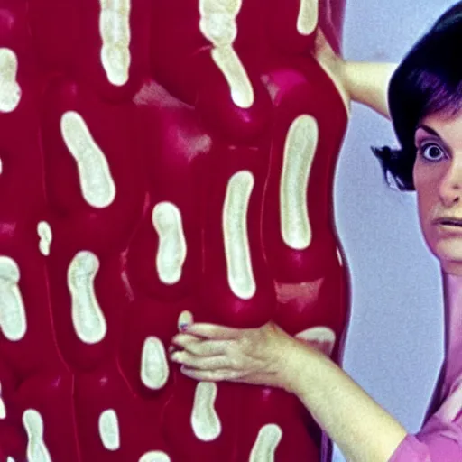 Image similar to A depressed woman and an inflatable intestine, John Waters film still, color 1970