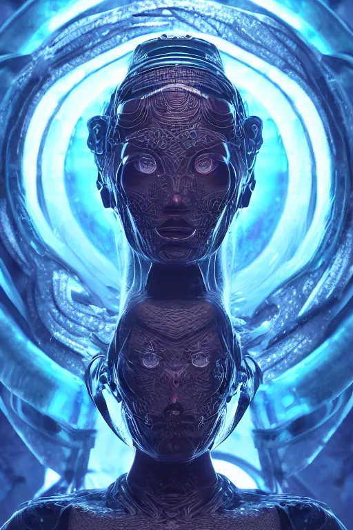 Image similar to a centered render of an ancient futuristic warrior with digital modifications surrounded by a underwater ink pour and flowing liquid gallium and complex sacred geometry, perfect body and face, powerful, cinematic, beautifully lit, by beeple, by artgerm, by karol bak, 3 d, trending on artstation, octane render, 8 k