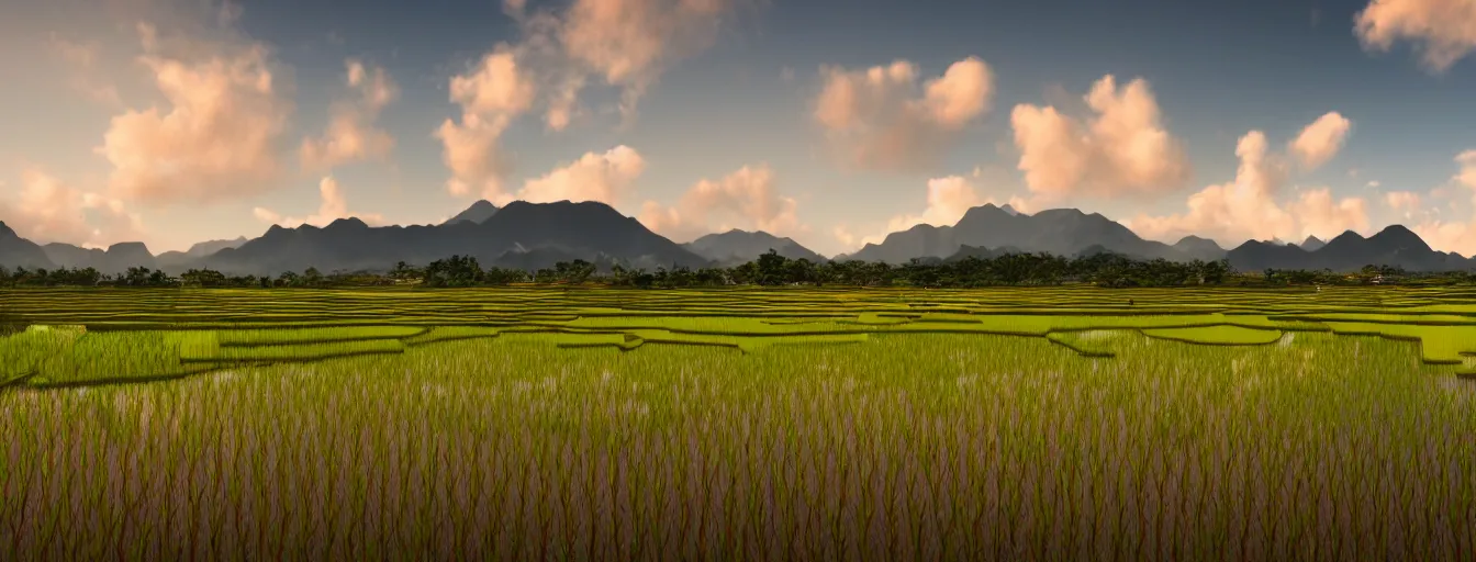 Image similar to Photo of paddy field of Yan, with several village and gunung jerai mountain at the background, wide angle, volumetric light, hyperdetailed, light water, artstation, cgsociety, 8k