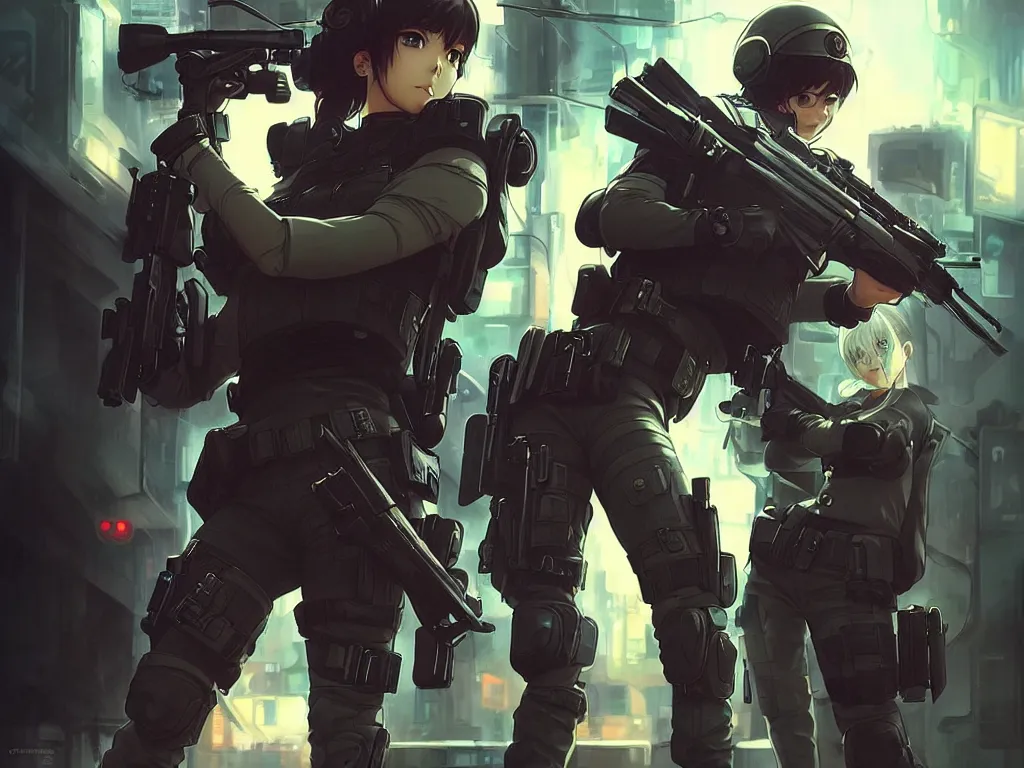 Image similar to anime key visual of a young female swat officer fighting male blood hound, neon, cyberpunk, futuristic, stunning, highly detailed, digital painting, smooth, soft focus, illustration, movie poster, japanese typography, digital art from artstation by artgerm and greg rutkowski and alphonse mucha