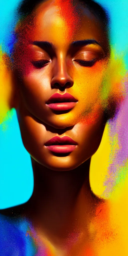 Image similar to photo half body portrait of very beautiful woman, face emerging from pool of colorful oils, brown skin, realism, extreme detail, real life, key art, soft light, volumetric light, 3 - d shadows, photo by james jean and wlop, photoshoot