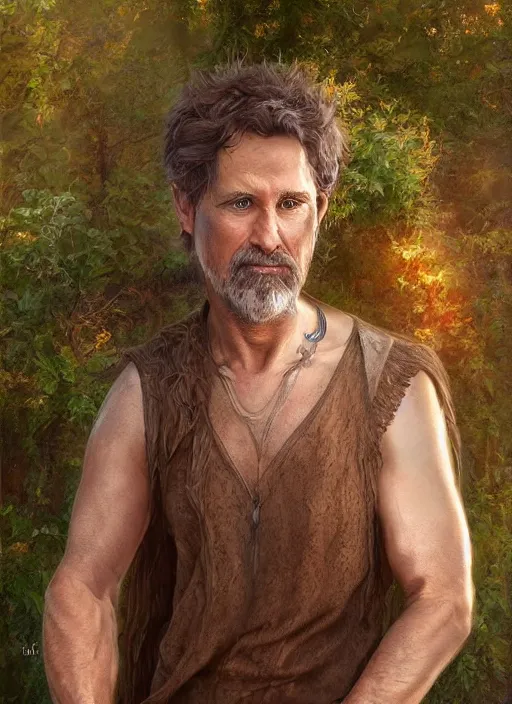 Image similar to a relaxed male middle aged druid in a sleeveless west, short brown hair, stringy, full body, 8 k, hyperrealistic, hyperdetailed, fantasy portrait by laura sava