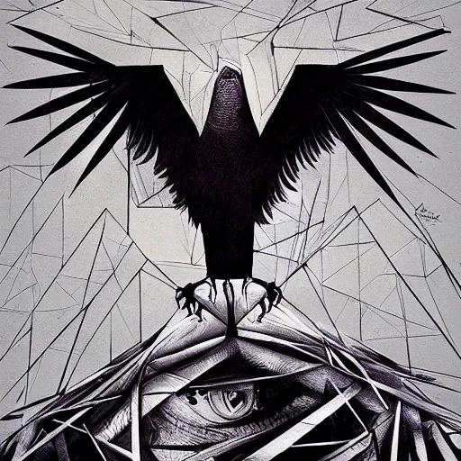 Image similar to a simple crow painting by Android Jones and M. C. Escher collaboration, futurist, digital art, dramatic lighting