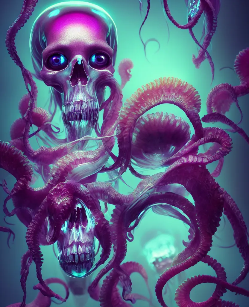 Image similar to goddess close - up portrait human skull, ram skull, squid phoenix jellyfish, orchid, betta fish, bioluminiscent, intricate artwork by tooth wu and wlop and beeple. octane render, trending on artstation, greg rutkowski very coherent symmetrical artwork. cinematic, hyper realism, high detail, octane render, 8 k