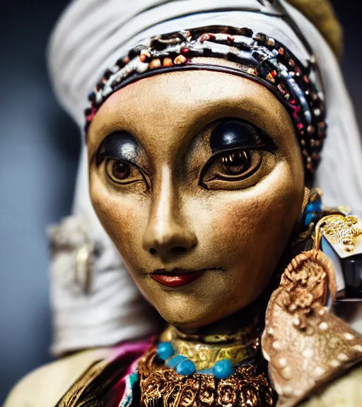 Prompt: close up portrait of a fortune teller automata, Nikon camera, 4k, National Geographic