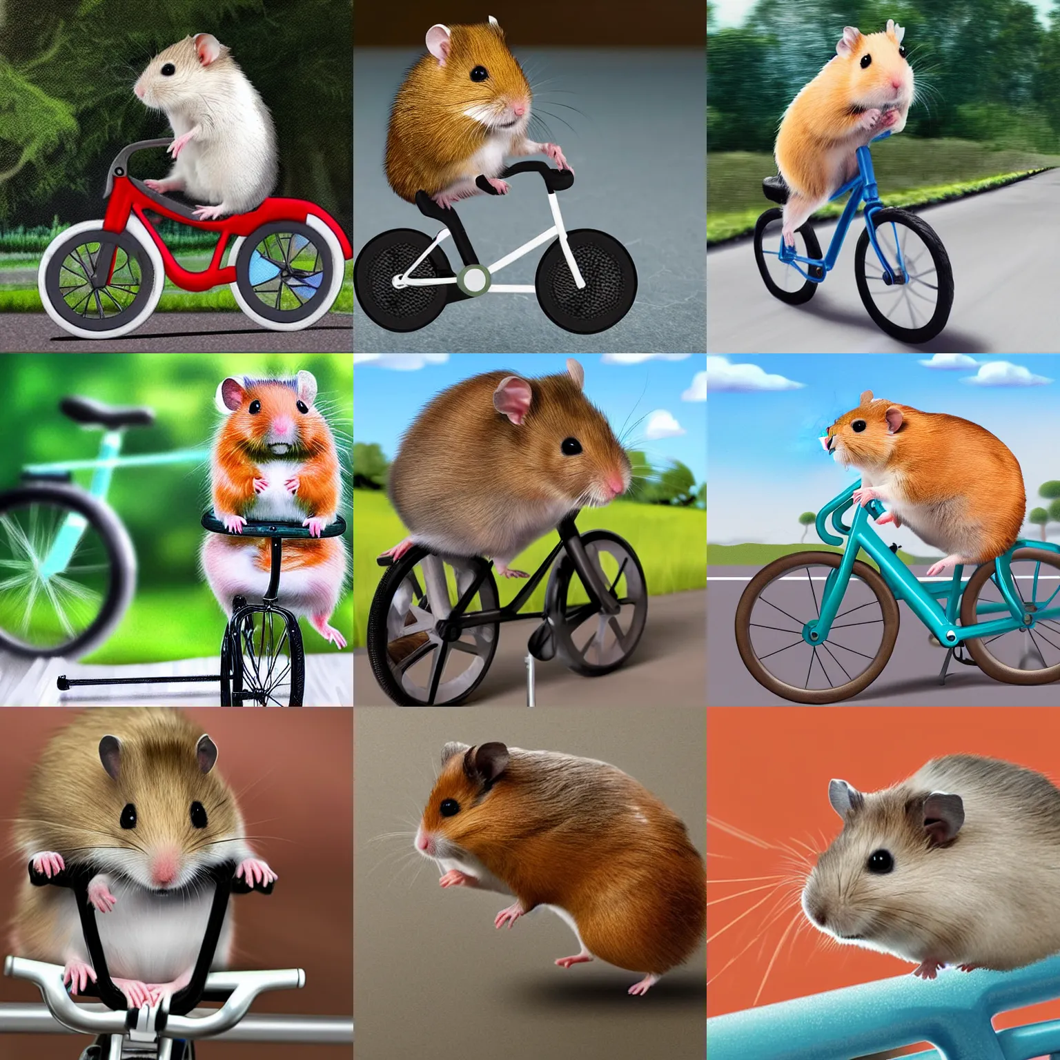 Prompt: a hamster riding a bicycle, hyperrealisic