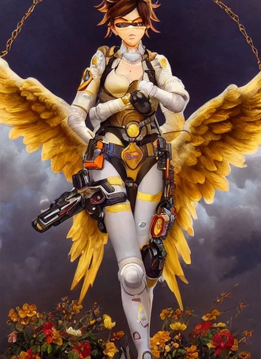 Image similar to full body oil painting of tracer overwatch in the style of sophie anderson, angel wings, angelic golden armor, dramatic painting, symmetrical composition, ornate, golden chains, high detail, gold detailed collar!!!!!, blooming, angelic, lights, flowers, heavenly, bright, detailed face,