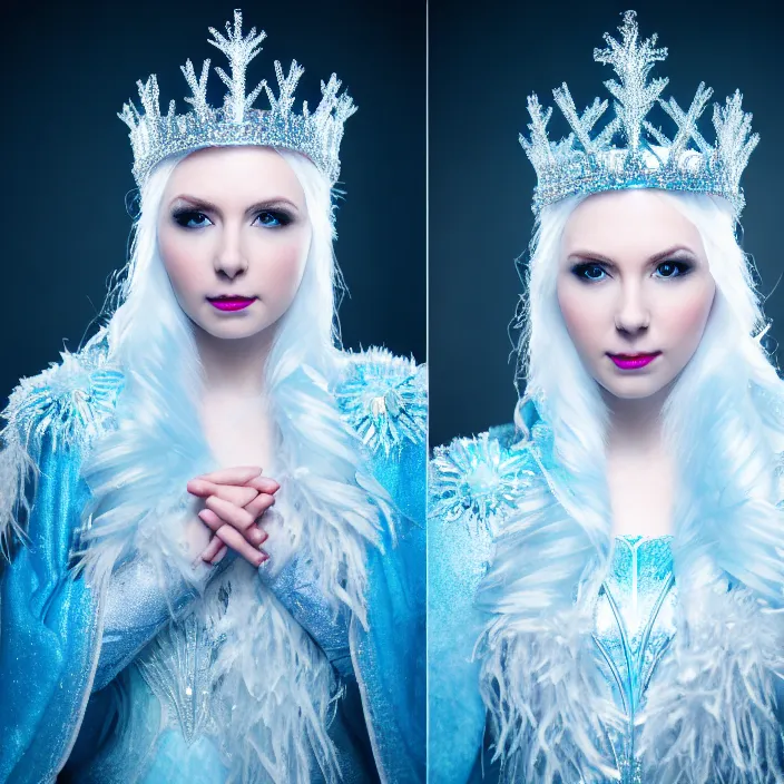 Image similar to professional photograph of a beautiful ice queen with intricate crown and cloak. Extremely detailed. 8k