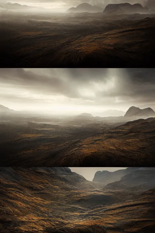Image similar to a landscape image by ben hardman, cinematic matte painting, extreme detail photo quality, dark moody colors, featured on behance