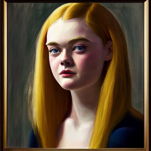 Image similar to professional painting of Elle Fanning in the style of Edward Hopper, head and shoulders portrait, symmetrical facial features, smooth, sharp focus, illustration, intricate, stormy weather, extremely detailed masterpiece,