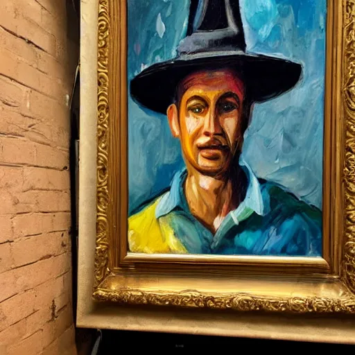 Image similar to warehouse worker wearing a sombrero as an oil painting on canvas