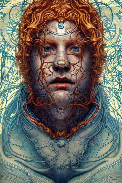 Prompt: face centered portrait, artwork by james jean, hyperdetailed, realistic, an inhuman man with deranged eyes, in a white lab coat, jean delville, art nouveau, gustav klimt, ornate copper patina gothic icon, james jean, ultrashar, photorealistic octane render