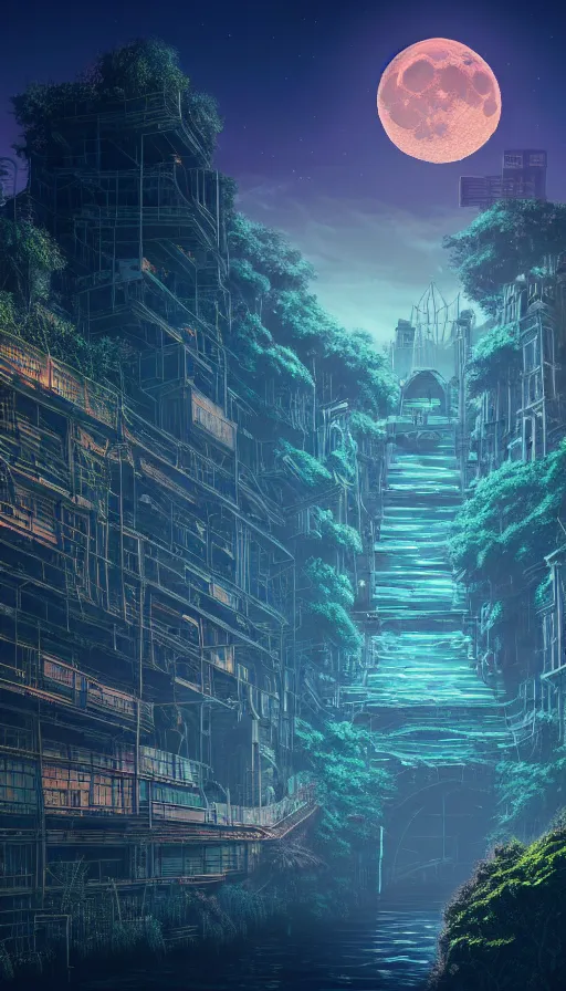 Image similar to reclaimed by nature by moon hoon, darkacademia atlantis cosmic san andreas at dawn neon signs tokyo synthwave universe, archdaily, wallpaper, highly detailed, trending on artstation.