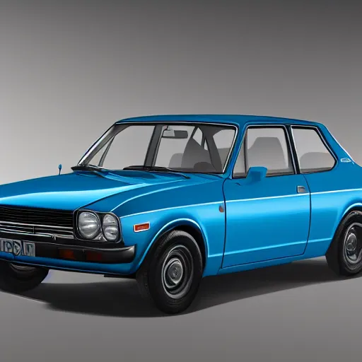 Prompt: a photorealistic image of a blue 1975 Datsun 510