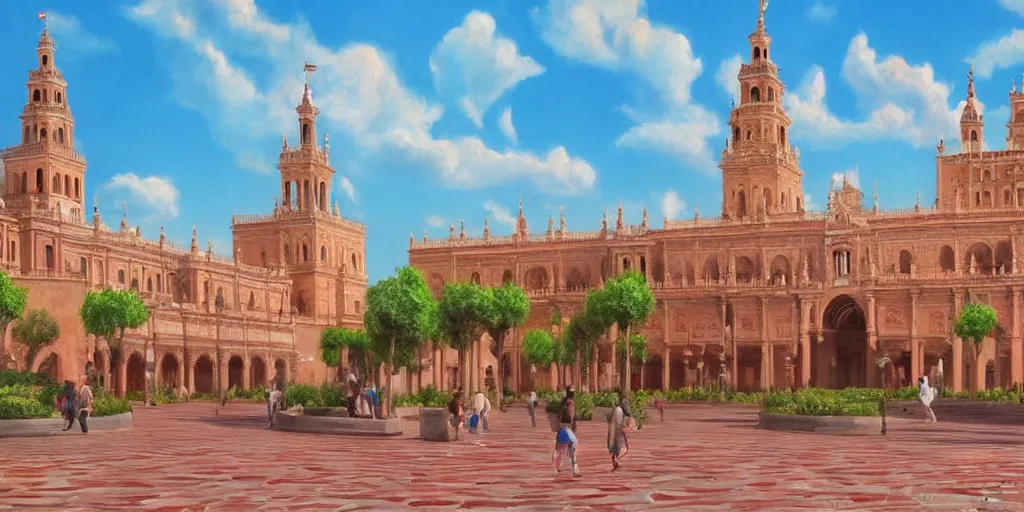 Image similar to ultra detailed and realistic painting of la plaza de espana ( seville ) inspired by very beautiful cute and colored disney movie backgrounds, rendered in 8 k unreal engine