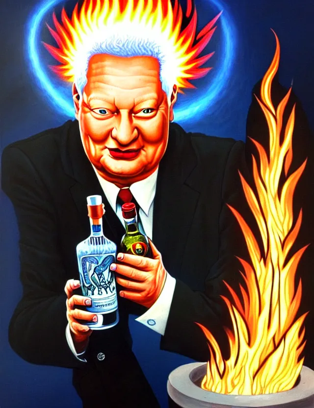 Prompt: yeltsin with a halo of fire holding a bottle of vodka in his hands, scary art in color, detailed art