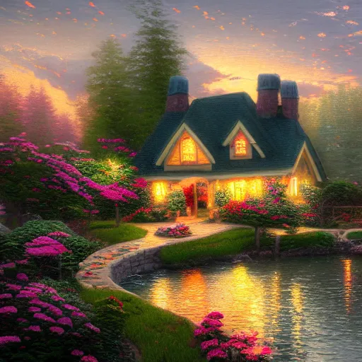 Prompt: cottage inspired by thomas kinkade, focus, 8 k, cinematic, cinematic