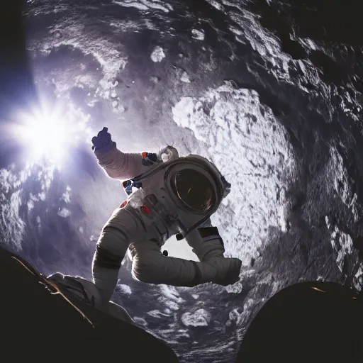 Prompt: photograph of an astronaut against the darkness of space, singular light source from below, full body photo, amazing light and shadow contrast, 8 k