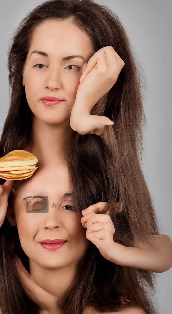 Prompt: a photo of a woman with a pancake on hear head, ultra high detail, 8 k.