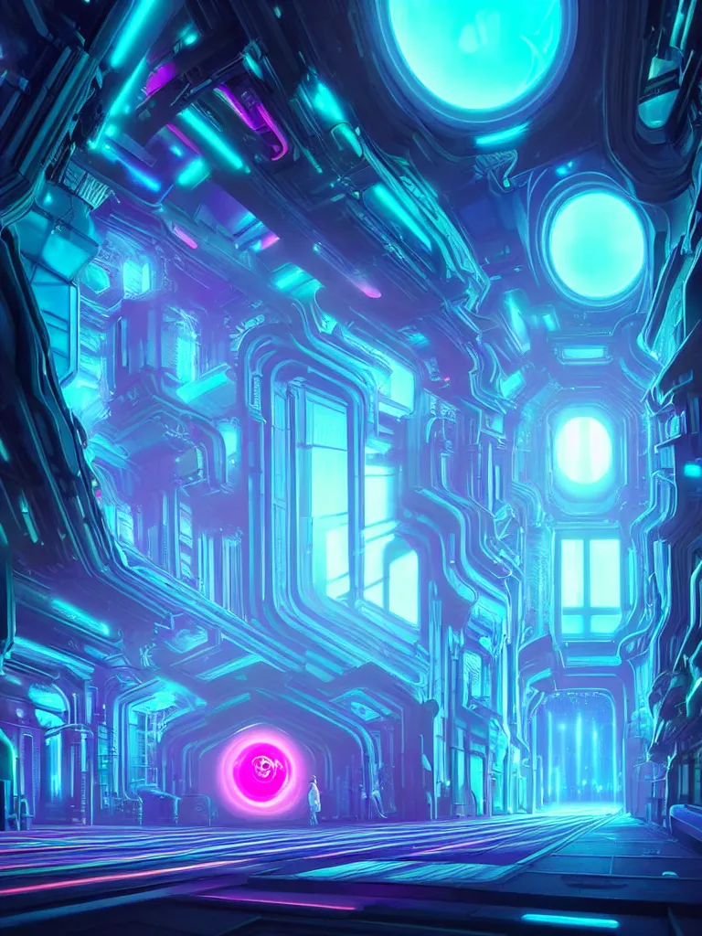 Image similar to entrance to mainframe ethereal realm, ai sentient, octane render, central composition, symmetrical composition, dreamy colorful cyberpunk colors, 6 point perspective, fantasy landscape with anthropomorphic terrain in the styles of igor morski, jim warren and rob gonsalves, intricate, hyperrealistic, volumetric lighting, neon ambiance, distinct horizon