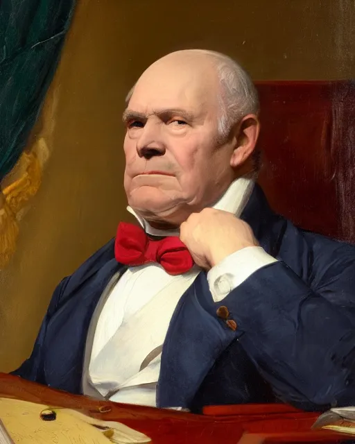 Image similar to close - up portrait of the united states president, thanos, standing at the resolute desk, 1 8 4 8, attractive, oil on canvas by william sidney mount, trending on artstation, national archives