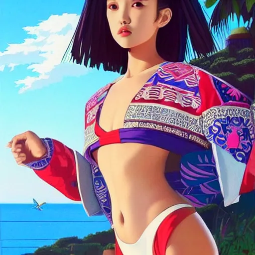 Image similar to a beautiful young japanese natalie portman alluring gravure model, stylized concept art, wearing elegant designer bomber jacket and one piece bikini, bomber jacket with mesoamerican patterns, mesoamerican native street fashion, princess mononoke, painted by ilya kuvshinov aesthetic, gorgeous, stunning, alluring, attractive, artstation, pinterest, digital art