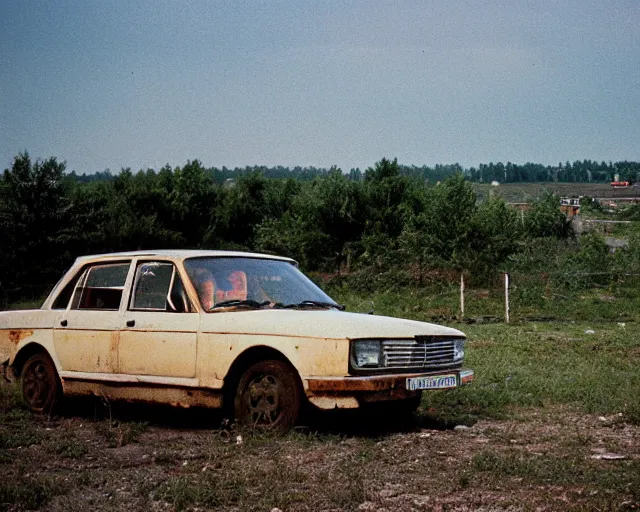 Image similar to a lomographic photo of old lada 2 1 0 7 standing in typical soviet yard in small town, hrushevka on background, cinestill, bokeh