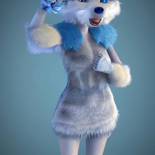 Prompt: 3 d render, well toned, large and tall, female, anthropomorphic wolf with a short snout, blue scales with white spots, icey blue dress, fur covering her chest.