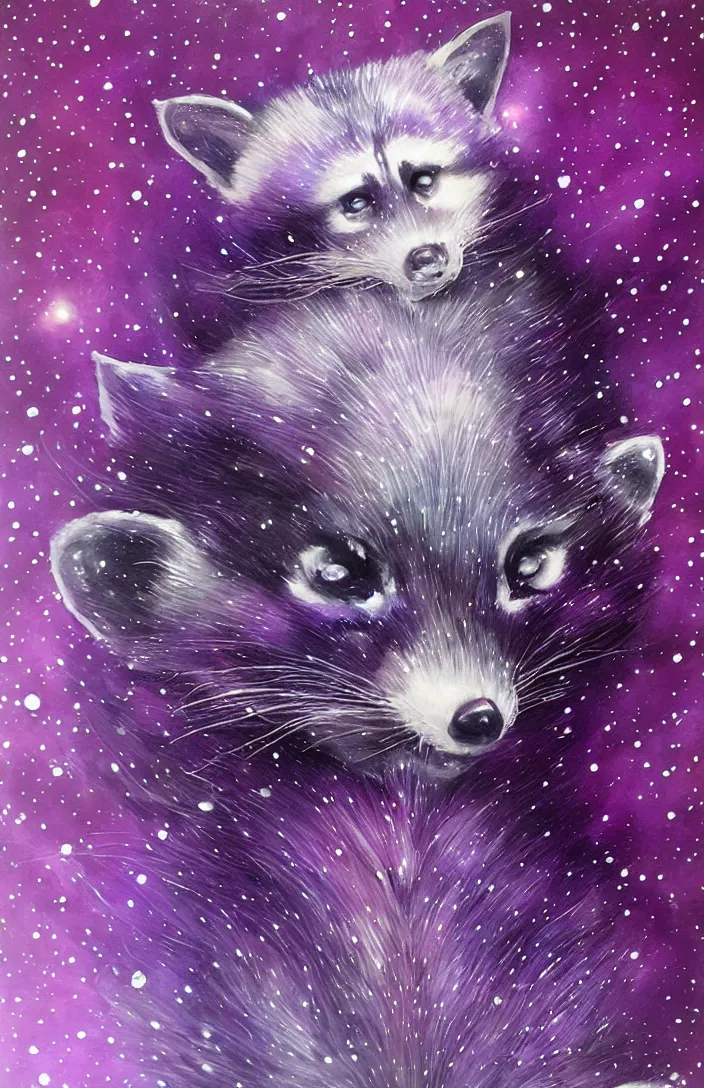 Image similar to purple raccoon in the stars in the style of Anna Dittman