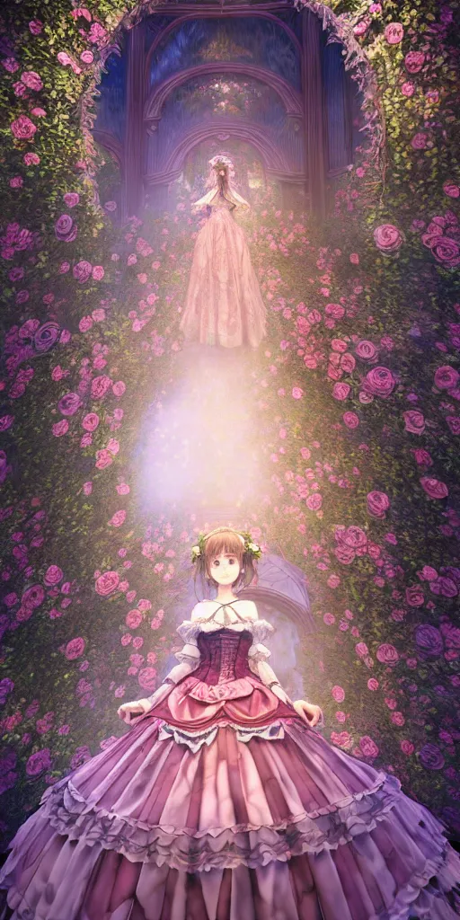 Image similar to the beautiful hyperdetailed physical rendering of a single rose wedding gothic lolita dress clothing design display in show in front of your eyes, perfectly shaded, atmospheric lighting, in the style of makoto shinkai, raphael lacoste louis comfort tiffany, stanley artgerm lau, wlop, rossdraws, 8 k hd, 3 drender, super close lens