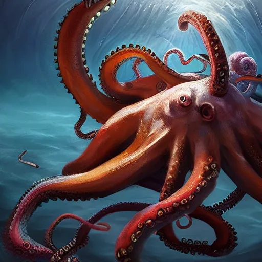 Image similar to a dream fantasy painting of a octopus attack a man in the deep of the ocean, by beksinki, antonio j. manzanedopro greg rutkowski, carne griffith trending on artstation, deviantart, photorealism