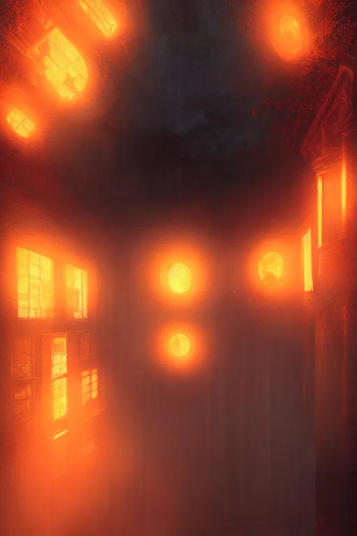 Prompt: A Victorian House of The Void with big orange eyeballs staring out from the windows, Red and Orange colored, Lovecraftian, 4k, masterpiece, cinematic, glowing, by Greg Rutkowski, Trending on Artstation, Behance. Polished, Volumetric Lighting