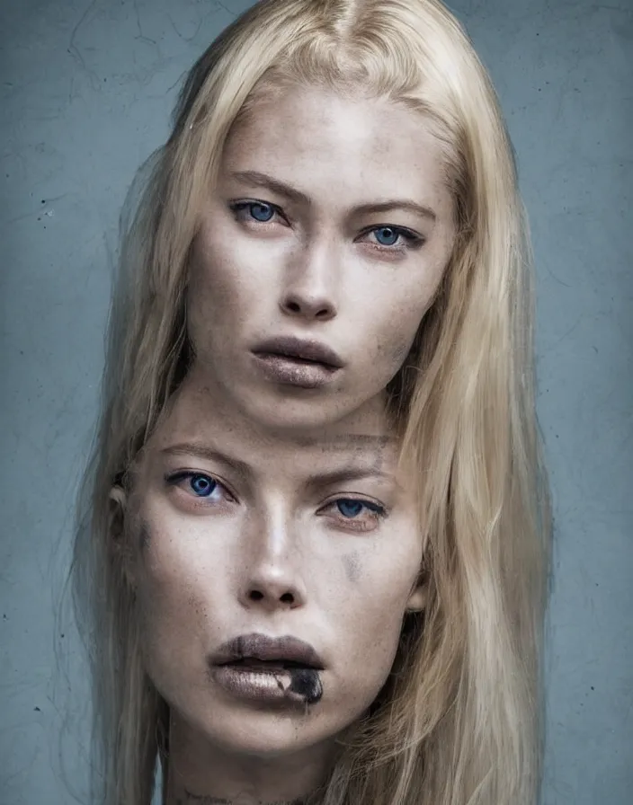 Prompt: a beautiful 8 5 mm f 1. 8 commercial photography portrait of a blue young woman that looks like a combination of doutzen kroes and yolandi visser in an urbex setting, photography by erwin olaf