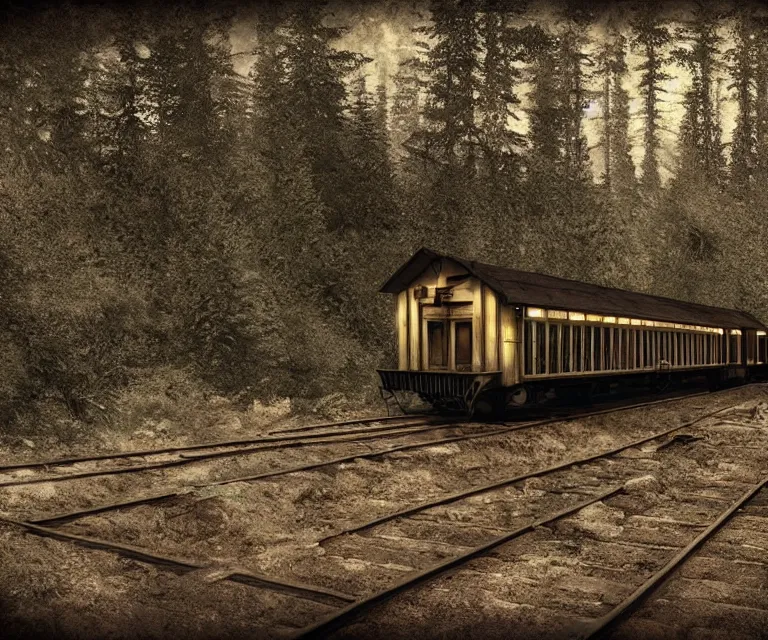 Prompt: magical ghost train, high res, photorealistic, dark atmosphere, gloomy tracks, bright lights, forestry