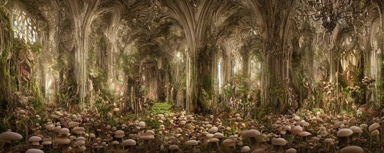 Prompt: hyperrealistic photo of the unseelie court gothic throne room mushrooms and flora