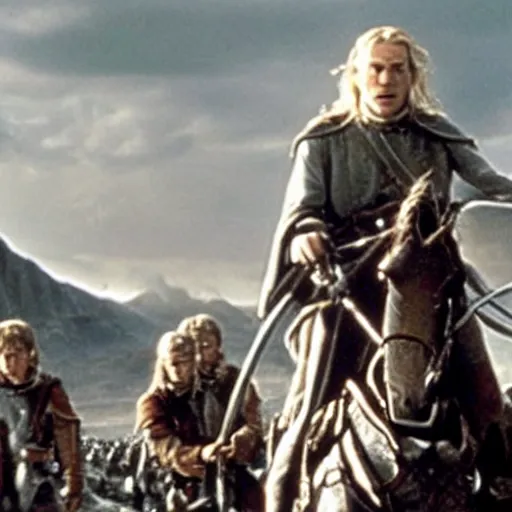 Image similar to still from lord of the rings showing the ride of the rohirrim, riding toward minas tirith on skateboards