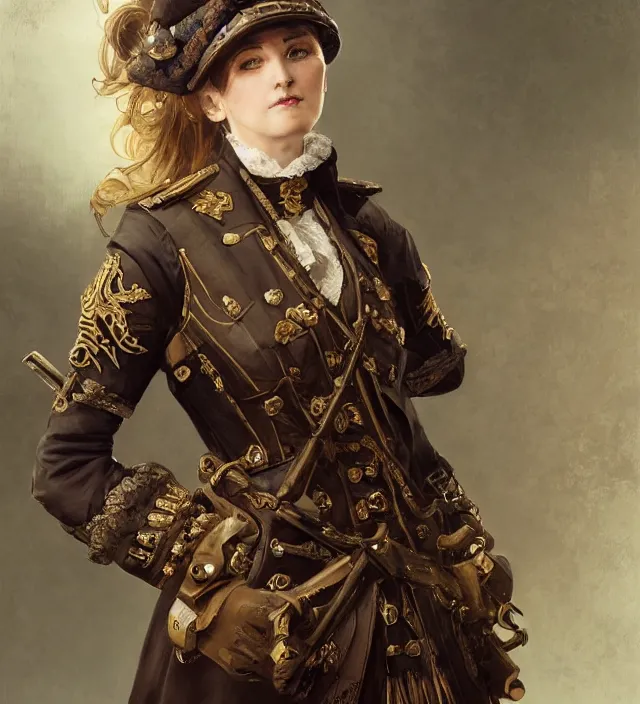 Image similar to portrait of a prussian woman wearing an organge traditional nineteenth century military jacket, metal shoulder pauldrons, intricate, highly detailed, digital painting, artstation, concept art, sharp focus, cinematic lighting, illustration, art by artgerm and greg rutkowski, alphonse mucha, cgsociety