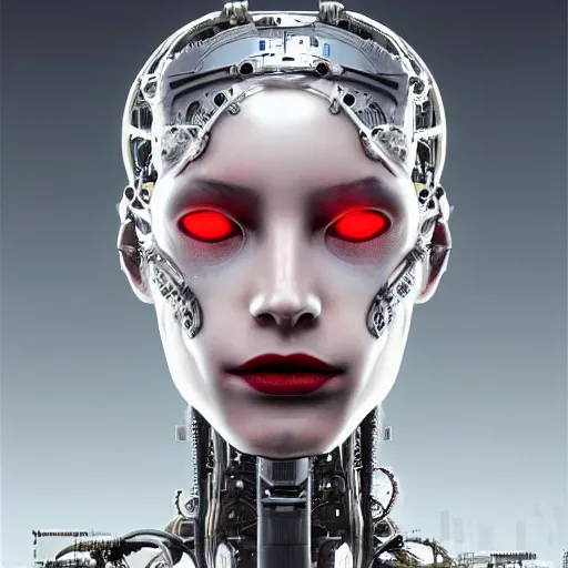 Prompt: A professional portrait of a young cyborg woman made of metal parts, gears, wires as hair, red eyes, lipstick, narrow waist, symmetrical face features, elegant, finely detailed, concept art, in style of Greg Rutkowski,