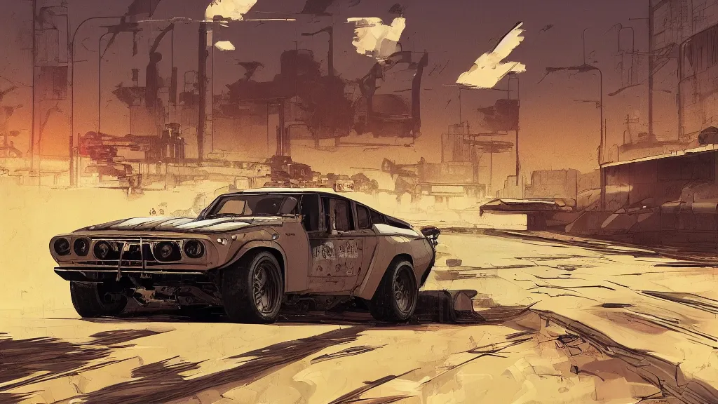 Image similar to digital illustration of mad max's fj 4 0 pursuit special, the last v 8 interceptor driving down a deserted cyberpunk highway in the middle of the day by studio ghibli, anime style, by makoto shinkai, ilya kuvshinov, lois van baarle, rossdraws, basquiat