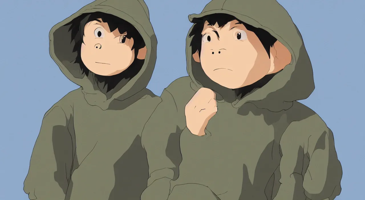 Image similar to (illustration) of A 3-d young hip ape kid wearing a hoodie, by Studio Ghibli, 8k, soft lighting, cartoon look, face enhance, sharp focus, concept art, smooth