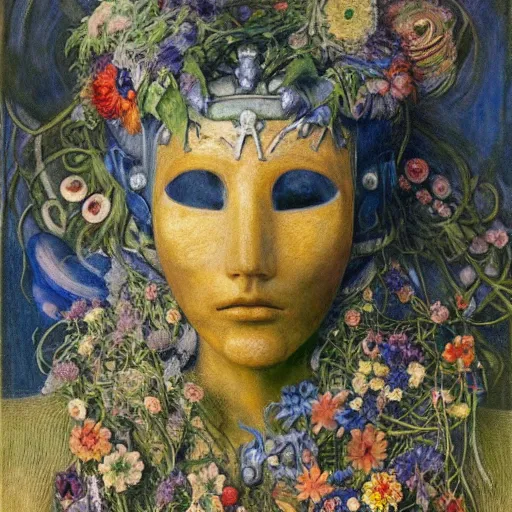 Prompt: masterpiece painting of the robot queen wearing a mask made of flowers, by annie swynnerton and diego rivera and jean delville, symbolist, dramatic lighting, god rays, elaborate geometric ornament, art brut, soft cool colors, smooth, sharp focus, extremely detailed, adolf wolfli