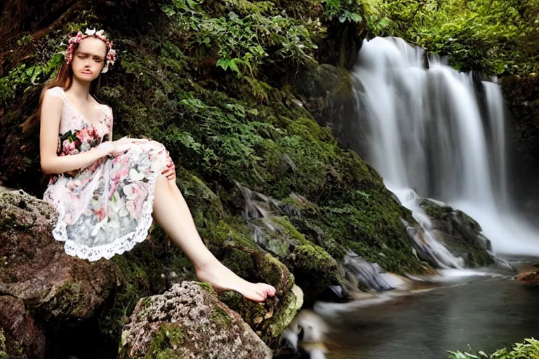 Prompt: cute model in nature wearing valentino 2 0 0 9 spring floral, lace, patterned, sheer skirt, lounging by a waterfall, tranquil fashion scene