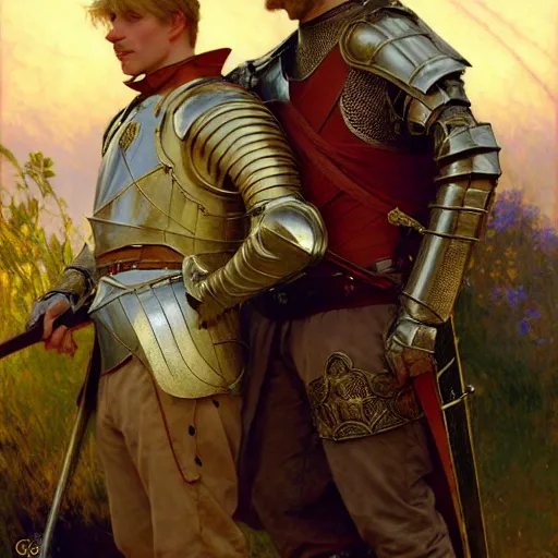 Image similar to attractive arthur pendragon and his attractive male knight, they are in love, natural lighting, path traced, highly detailed, high quality, digital painting, by gaston bussiere, craig mullins, alphonse mucha j. c. leyendecker