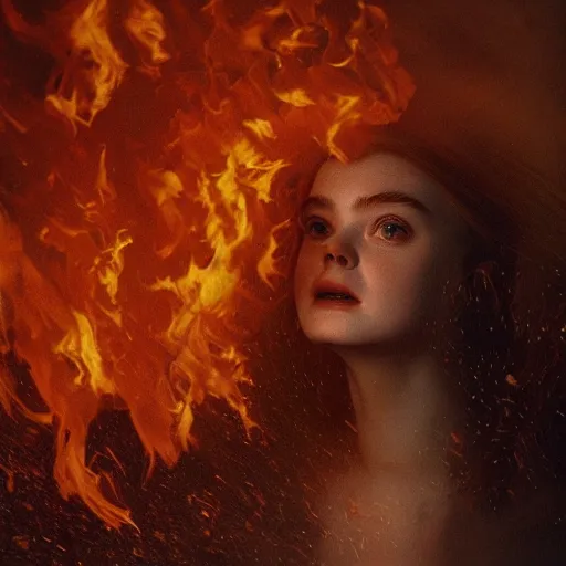 Image similar to Elle Fanning engulfed in flame in a field in the world of Adam Wyeth, head and shoulders portrait, stormy weather, extremely detailed masterpiece, oil on canvas, low-key neon lighting, artstation, Blade Runner 2049, Roger Deakin’s cinematography, by J. C. Leyendecker and Peter Paul Rubens and Edward Hopper and Michael Sowa,