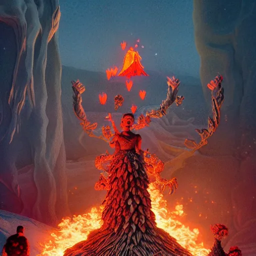 Image similar to illustrated portrait vogue designer Master Chief Sacrificing the Elves to a Volcano Volcano God Volvo Altar made of pinecones and fire kenny scharf giorgio de chirico marc simonetti greg rutkowski james gilleard anton semenov