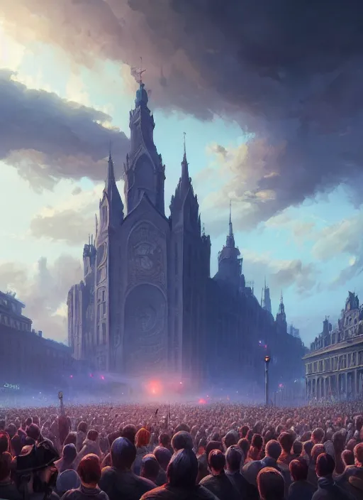 Image similar to painting of a crowd with raised arms pointing towardб demonstration, cinematic view, epic sky, detailed, concept art, low angle, high detail, warm lighting, volumetric, godrays, vivid, beautiful, trending on artstation, by jordan grimmer, huge scene, art greg rutkowski