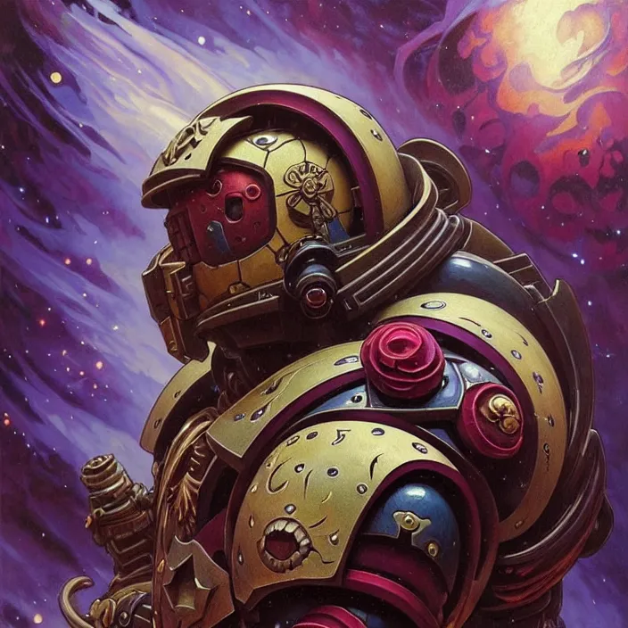 Prompt: painting of a warhammer space marine, in the style of artgerm and greg rutkowski and alphonse mucha, exuberant organic elegant forms, by karol bak and filip hodas : : 1. 4 purple, red, blue, green, black intricate mandala explosions : : intuit art : : turbulent water backdrop : : damask wallpaper : : atmospheric