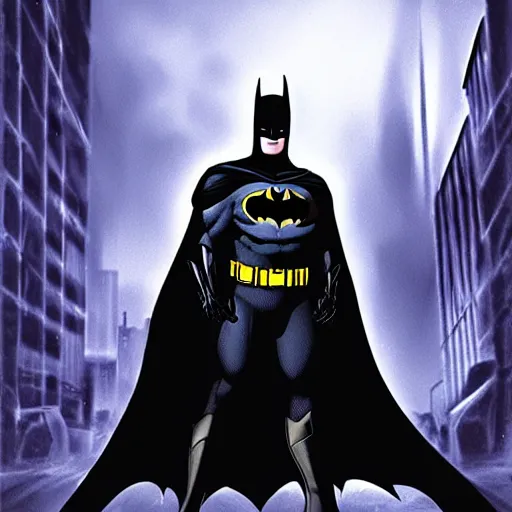 Prompt: Batman waiting, his black cape flowing, menacing glare, in a dark alley, lit by a single neon, at night, dark atmosphere, extremely realistic digital art, artstation, by Jim Lee
